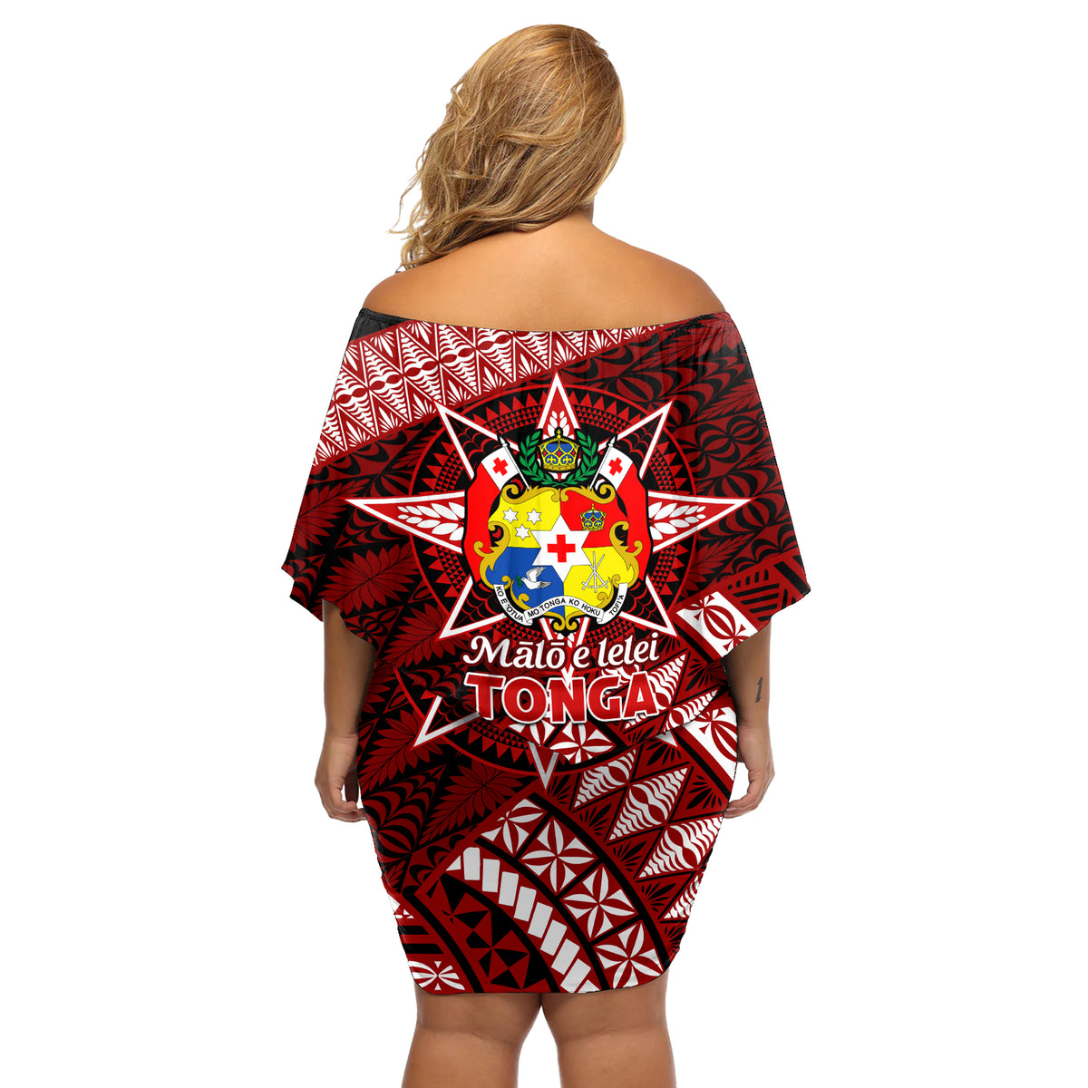 Malo e lelei Tonga Off Shoulder Short Dress Tongan Ngatu Pattern Red Version LT14 - Polynesian Pride