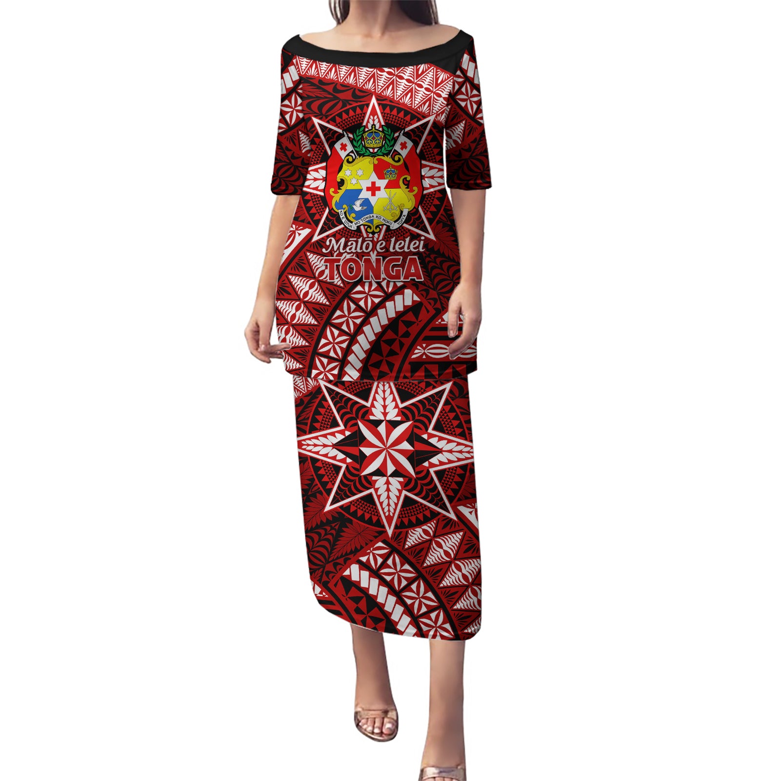 Malo e lelei Tonga Puletasi Tongan Ngatu Pattern Red Version LT14 Long Dress Red - Polynesian Pride