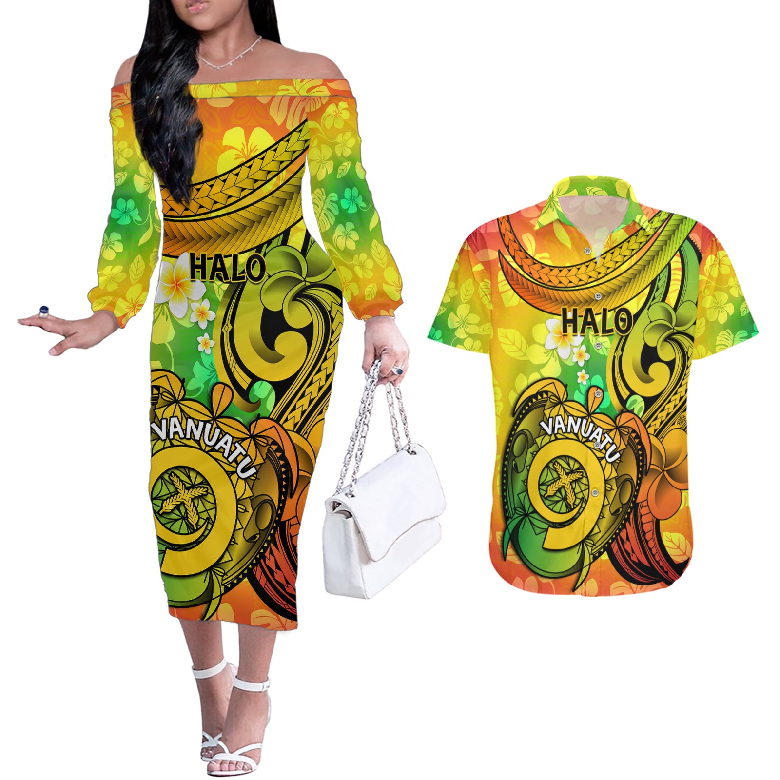 Halo Vanuatu Couples Matching Off The Shoulder Long Sleeve Dress and Hawaiian Shirt Sand Drawing Turtle Polynesian Tropical Flowers LT14 Reggae - Polynesian Pride