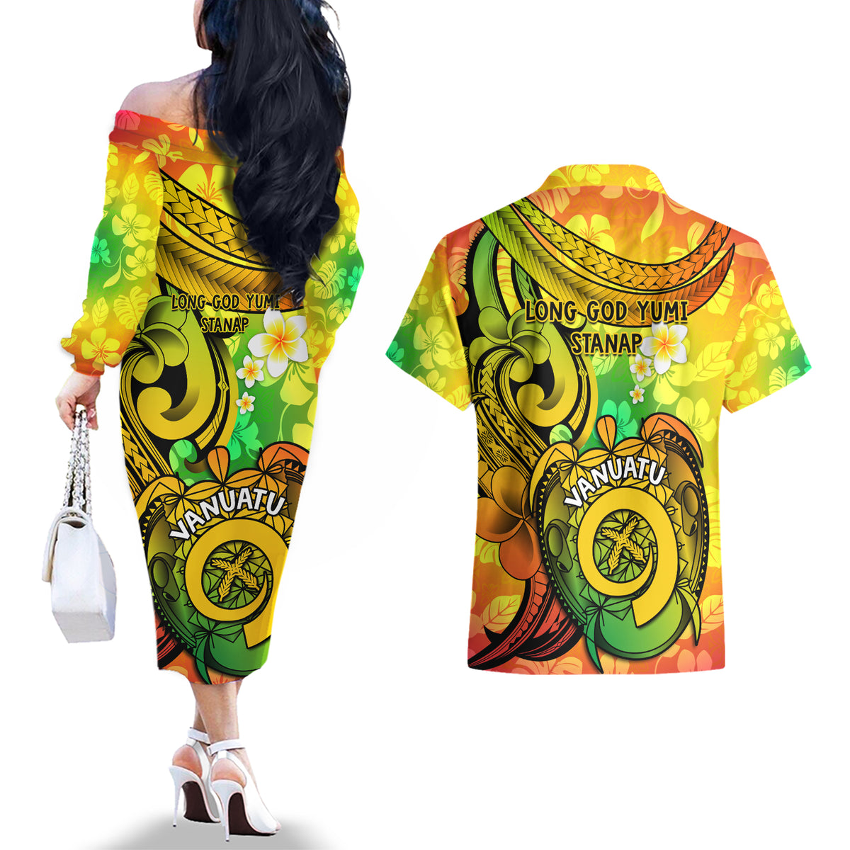 Halo Vanuatu Couples Matching Off The Shoulder Long Sleeve Dress and Hawaiian Shirt Sand Drawing Turtle Polynesian Tropical Flowers LT14 - Polynesian Pride