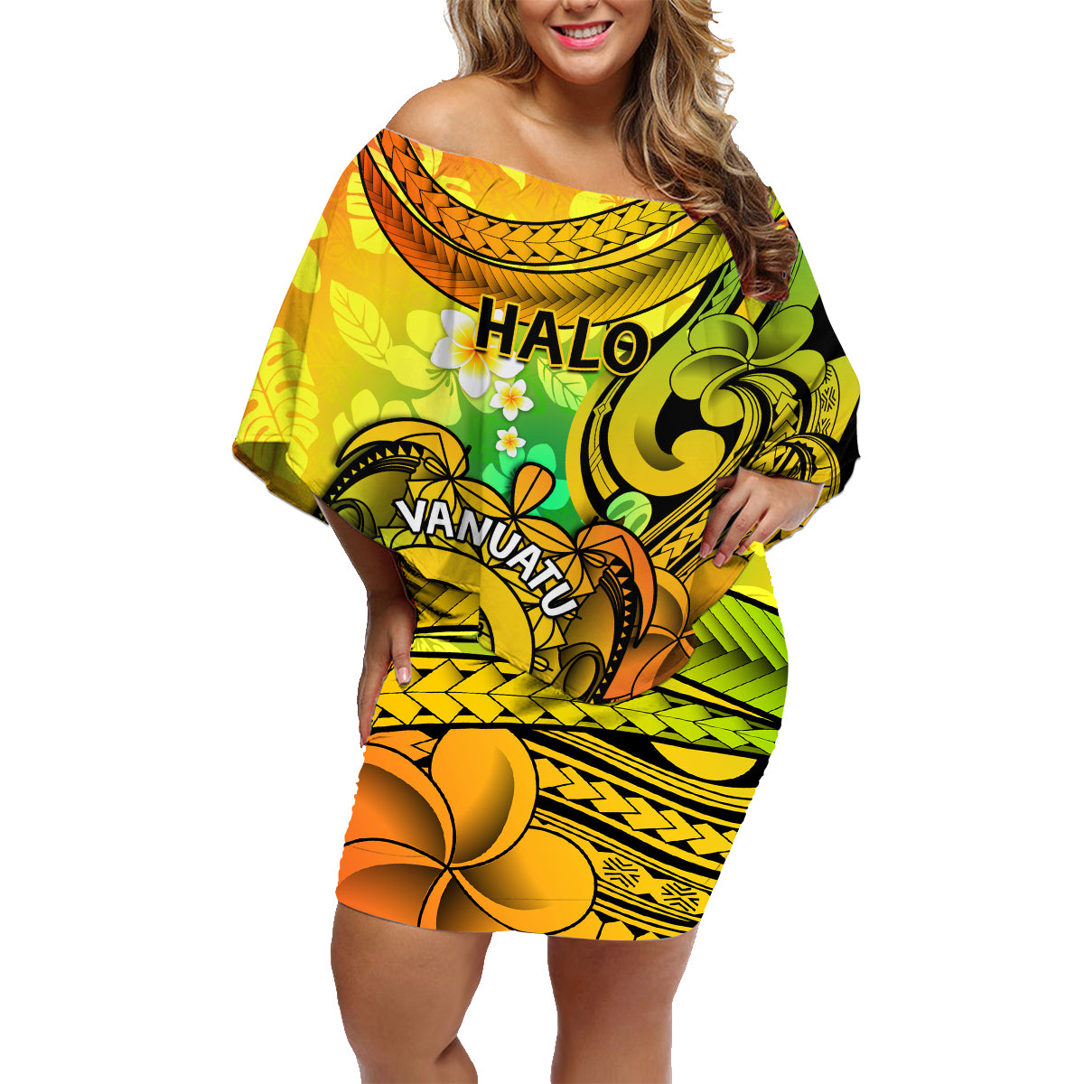 Halo Vanuatu Family Matching Off Shoulder Short Dress and Hawaiian Shirt Sand Drawing Turtle Polynesian Tropical Flowers LT14 Mom's Dress Reggae - Polynesian Pride