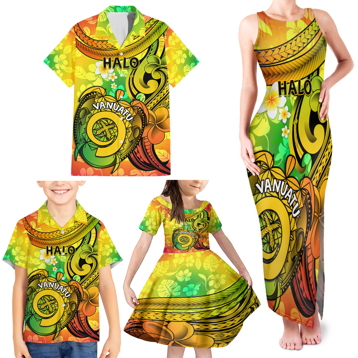 Halo Vanuatu Family Matching Tank Maxi Dress and Hawaiian Shirt Sand Drawing Turtle Polynesian Tropical Flowers LT14 - Polynesian Pride