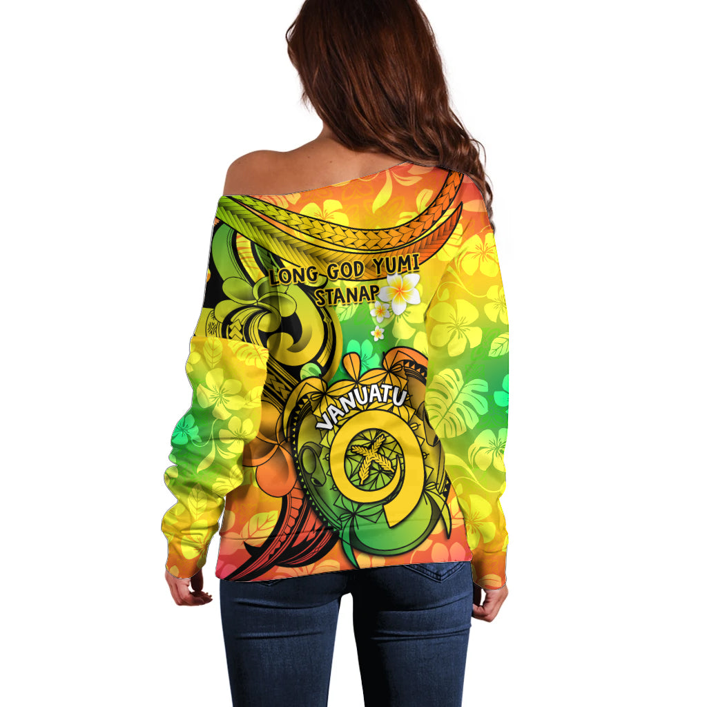 Halo Vanuatu Off Shoulder Sweater Sand Drawing Turtle Polynesian Tropical Flowers LT14 - Polynesian Pride