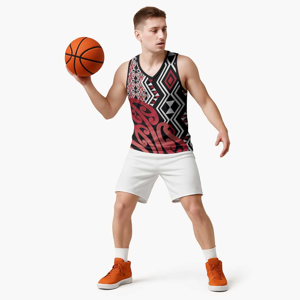 New Zealand Basketball Jersey Aotearoa Kowhaiwhai Mix Taniko Art - Red - Polynesian Pride