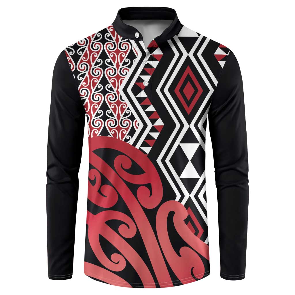 New Zealand Button Sweatshirt Aotearoa Kowhaiwhai Mix Taniko Art - Red