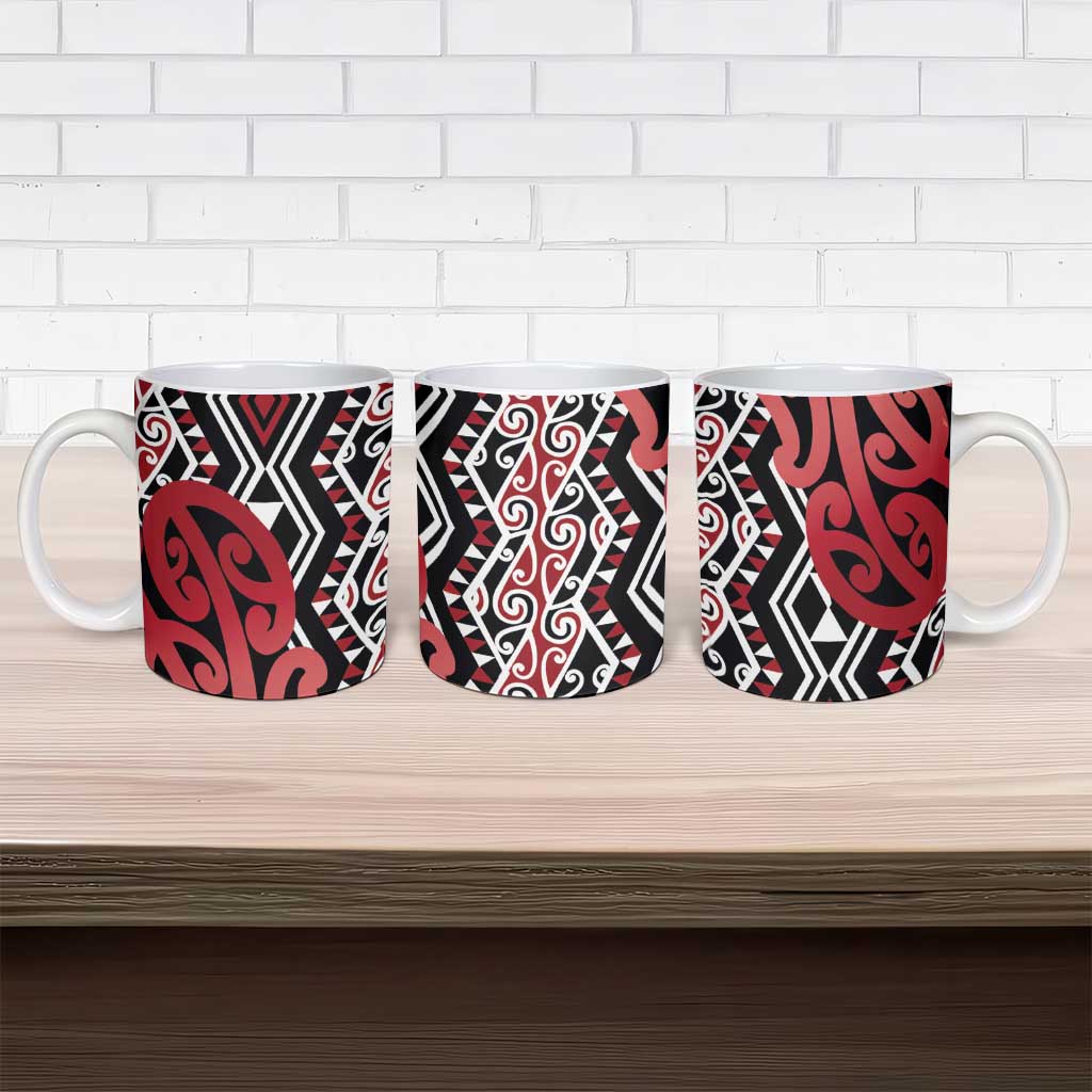 New Zealand Ceramic Mug Aotearoa Kowhaiwhai Mix Taniko Art - Red - Polynesian Pride
