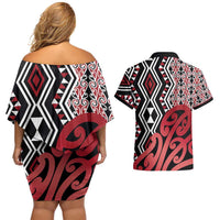New Zealand Couples Matching Off Shoulder Short Dress and Hawaiian Shirt Aotearoa Kowhaiwhai Mix Taniko Art - Red