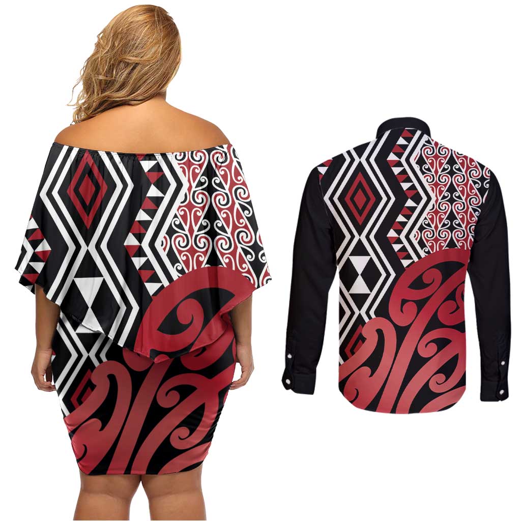 New Zealand Couples Matching Off Shoulder Short Dress and Long Sleeve Button Shirt Aotearoa Kowhaiwhai Mix Taniko Art - Red