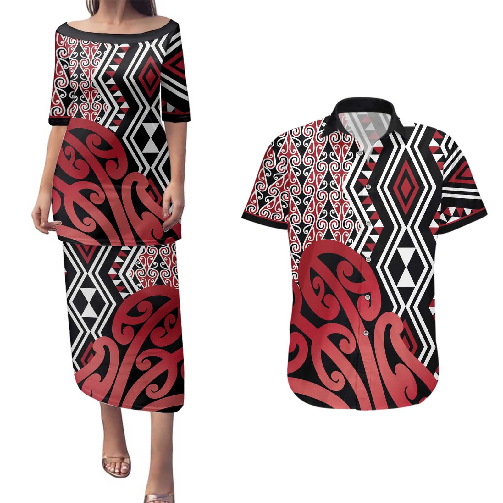 New Zealand Couples Matching Puletasi and Hawaiian Shirt Aotearoa Kowhaiwhai Mix Taniko Art - Red