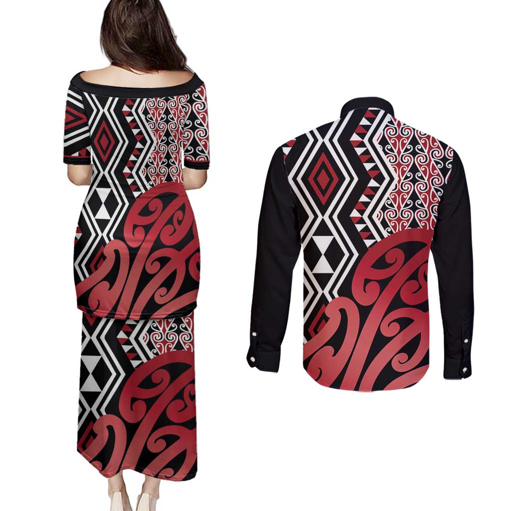 New Zealand Couples Matching Puletasi and Long Sleeve Button Shirt Aotearoa Kowhaiwhai Mix Taniko Art - Red