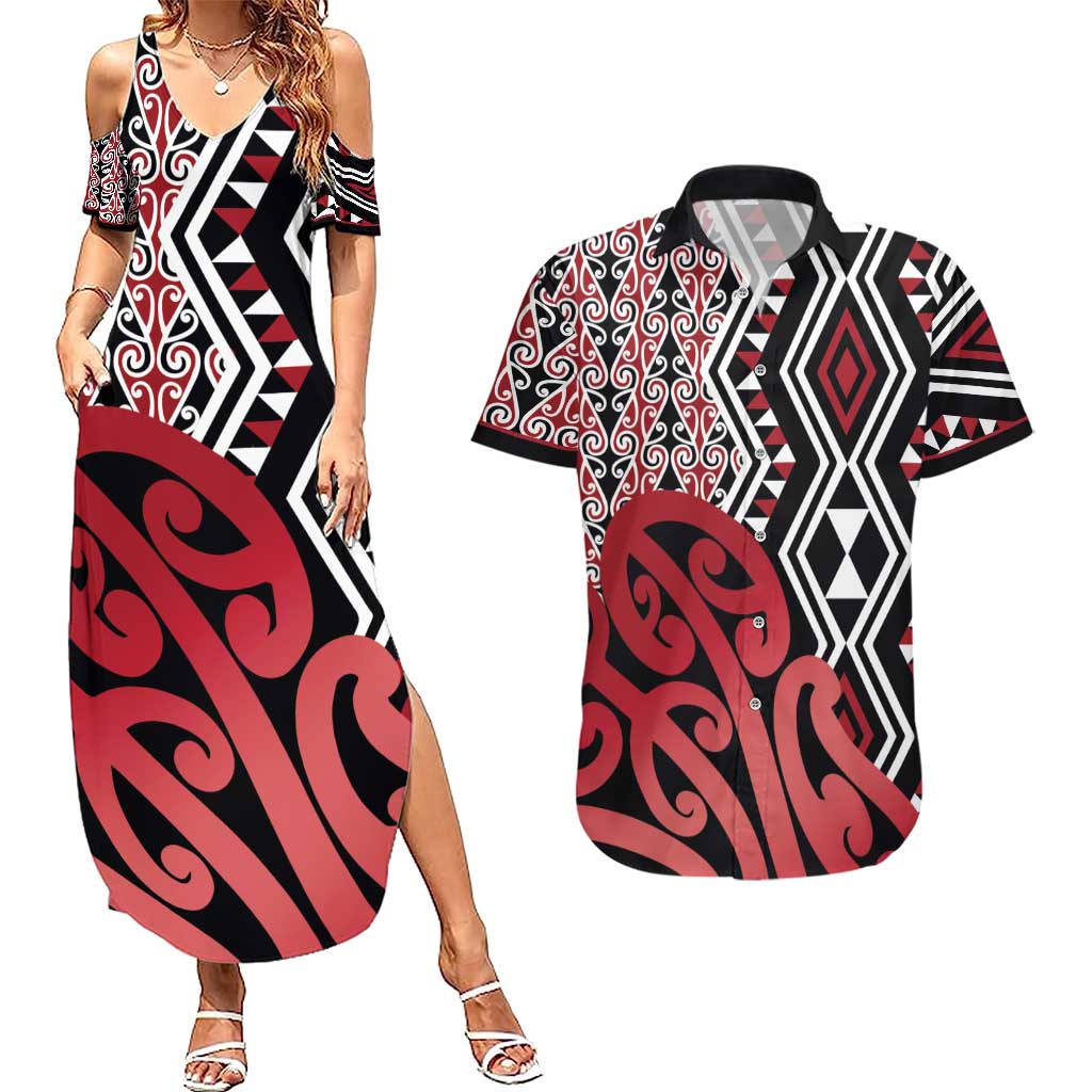 New Zealand Couples Matching Summer Maxi Dress and Hawaiian Shirt Aotearoa Kowhaiwhai Mix Taniko Art - Red