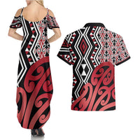 New Zealand Couples Matching Summer Maxi Dress and Hawaiian Shirt Aotearoa Kowhaiwhai Mix Taniko Art - Red