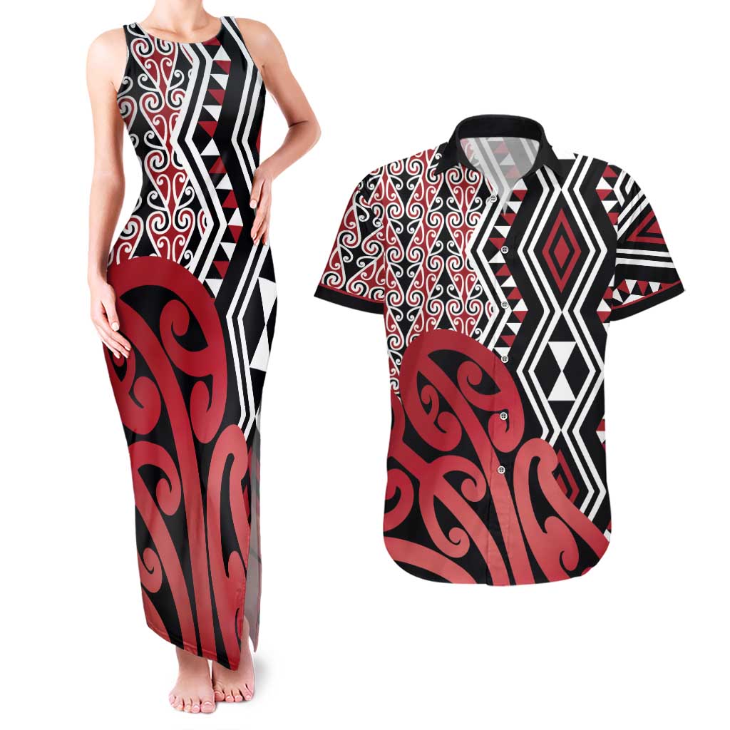 New Zealand Couples Matching Tank Maxi Dress and Hawaiian Shirt Aotearoa Kowhaiwhai Mix Taniko Art - Red