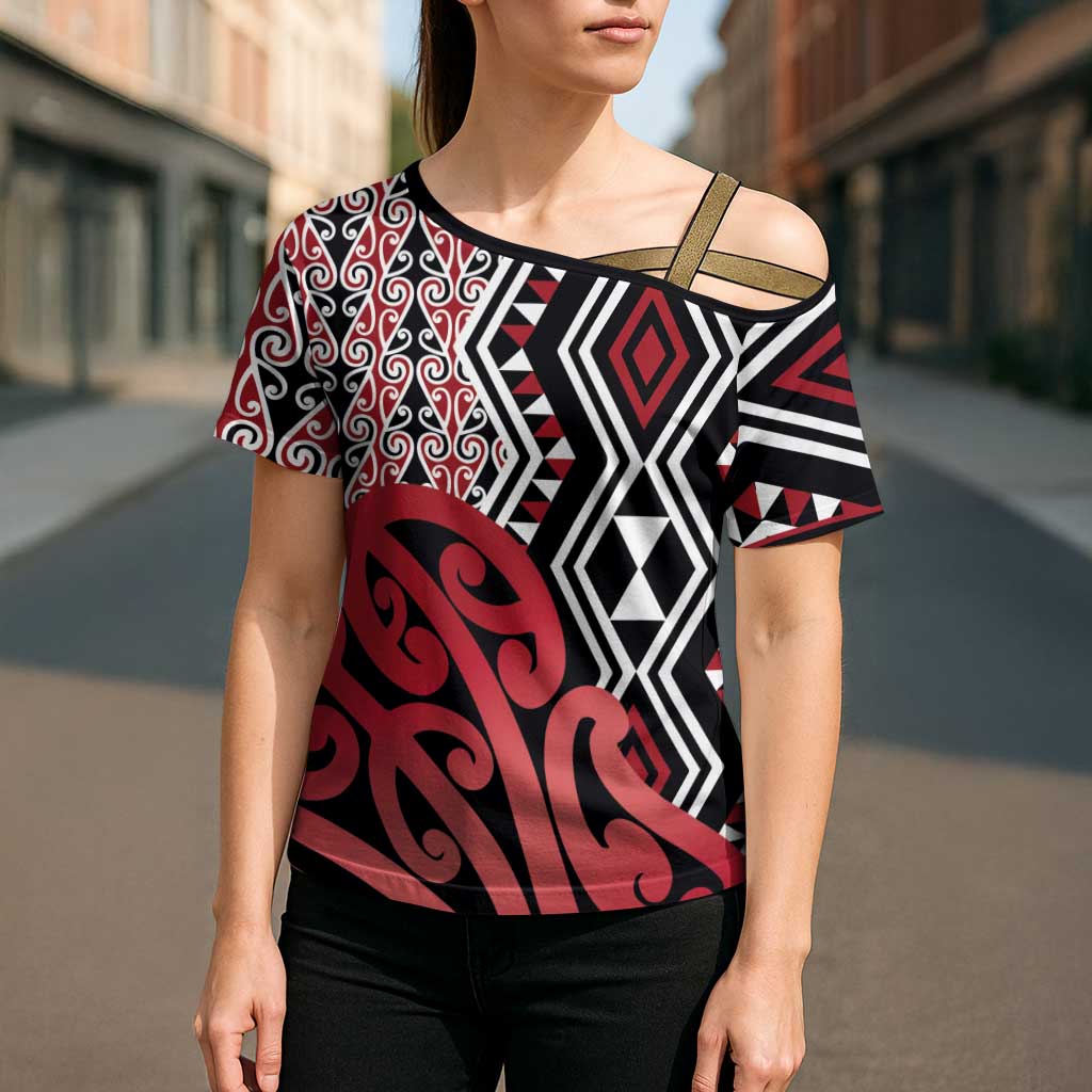 New Zealand Cross Shoulder Shirt Aotearoa Kowhaiwhai Mix Taniko Art - Red - Polynesian Pride