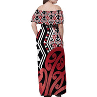 New Zealand Family Matching Off Shoulder Maxi Dress and Hawaiian Shirt Aotearoa Kowhaiwhai Mix Taniko Art - Red