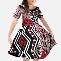 New Zealand Family Matching Summer Maxi Dress and Hawaiian Shirt Aotearoa Kowhaiwhai Mix Taniko Art - Red LT14 Daughter's Dress Red - Polynesian Pride