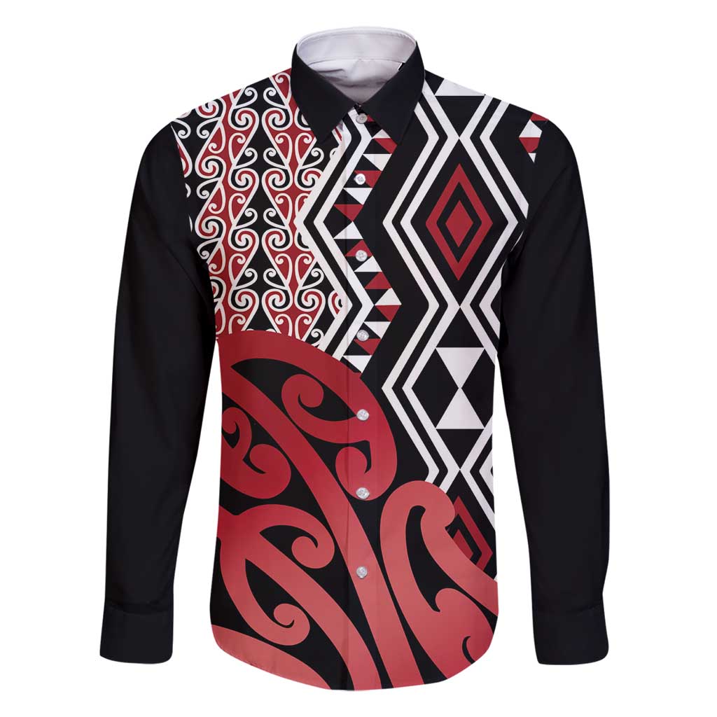 New Zealand Family Matching Summer Maxi Dress and Hawaiian Shirt Aotearoa Kowhaiwhai Mix Taniko Art - Red LT14 Dad's Shirt - Long Sleeve Red - Polynesian Pride