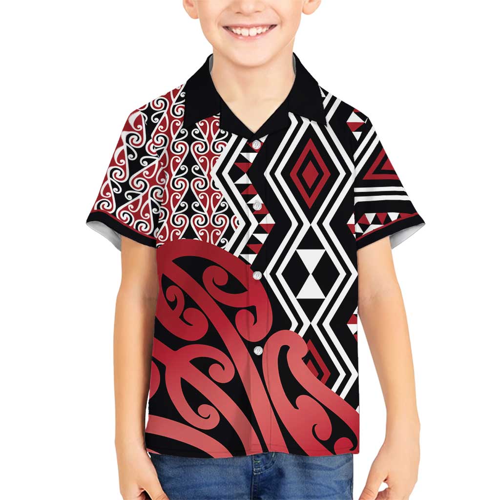 New Zealand Family Matching Summer Maxi Dress and Hawaiian Shirt Aotearoa Kowhaiwhai Mix Taniko Art - Red LT14 Son's Shirt Red - Polynesian Pride