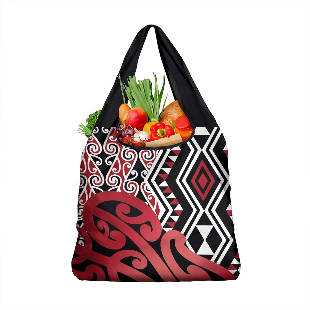 New Zealand Grocery Bag Aotearoa Kowhaiwhai Mix Taniko Art - Red