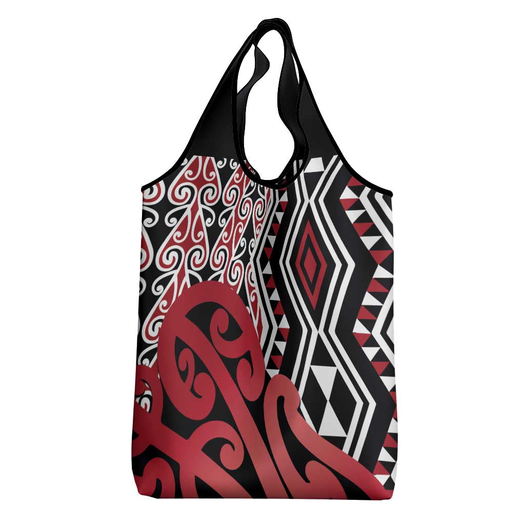 New Zealand Grocery Bag Aotearoa Kowhaiwhai Mix Taniko Art - Red