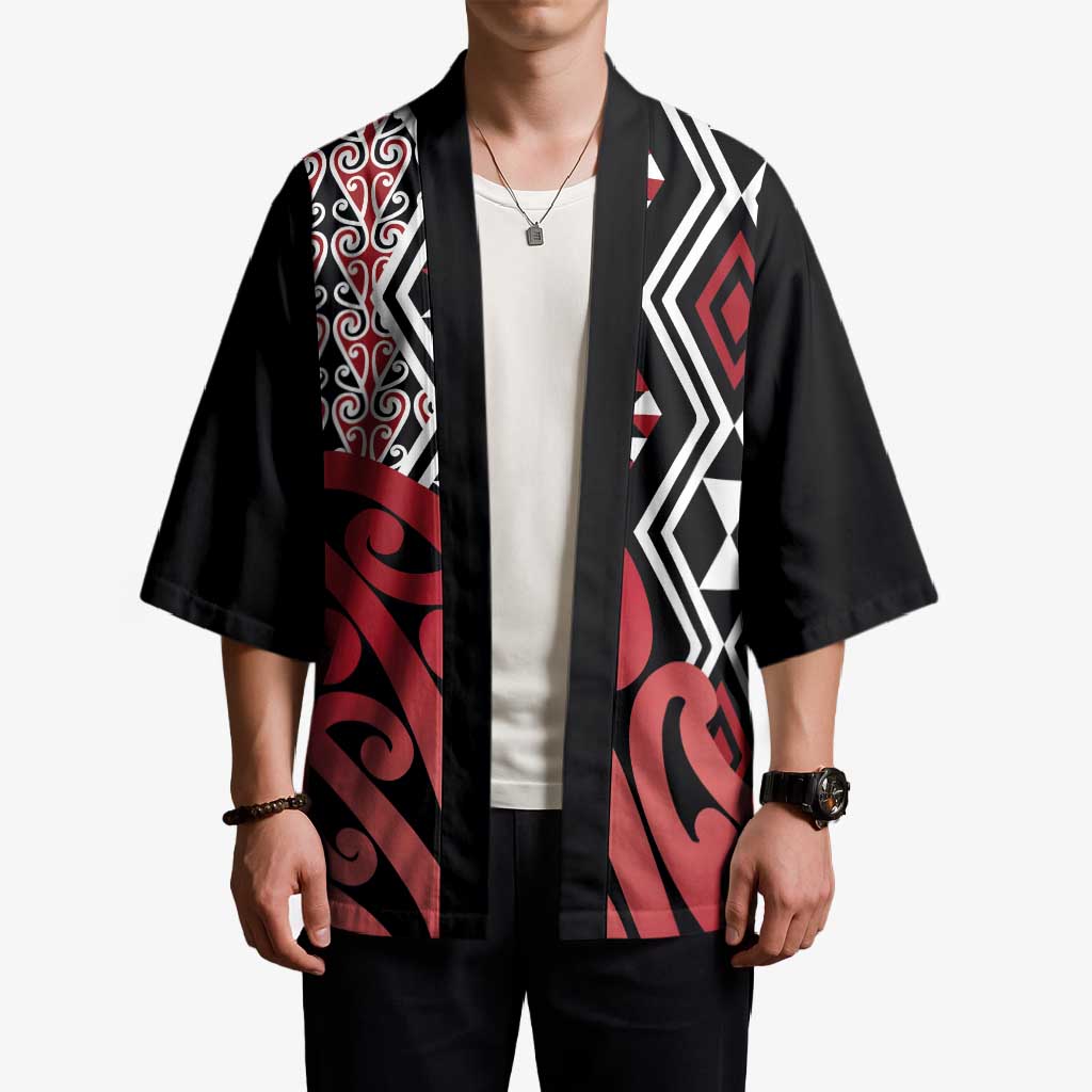 New Zealand Kimono Aotearoa Kowhaiwhai Mix Taniko Art - Red - Polynesian Pride