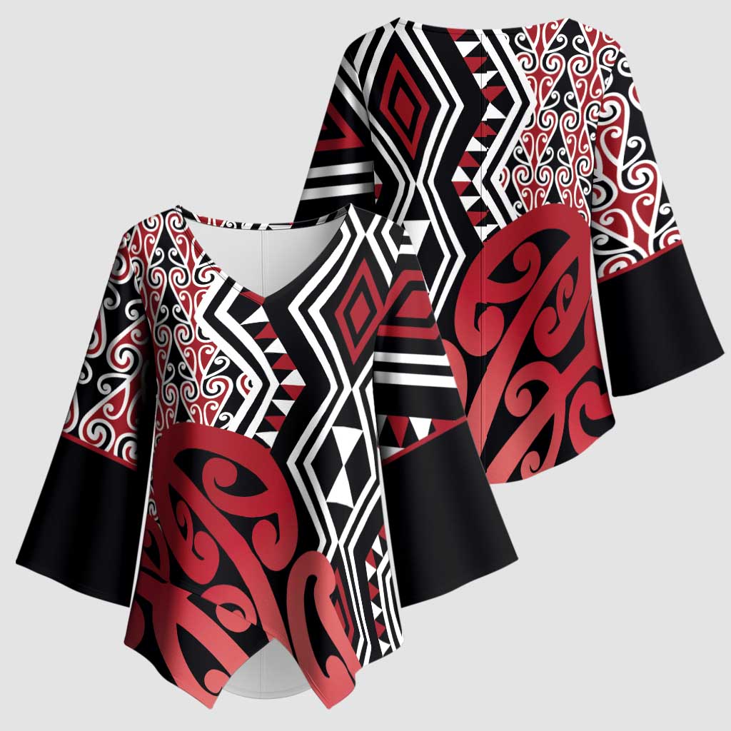 New Zealand Kimono Sleeve Blouse Aotearoa Kowhaiwhai Mix Taniko Art - Red - Polynesian Pride