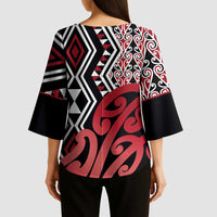New Zealand Kimono Sleeve Blouse Aotearoa Kowhaiwhai Mix Taniko Art - Red - Polynesian Pride