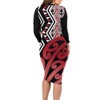 New Zealand Long Sleeve Bodycon Dress Aotearoa Kowhaiwhai Mix Taniko Art - Red LT14 - Polynesian Pride