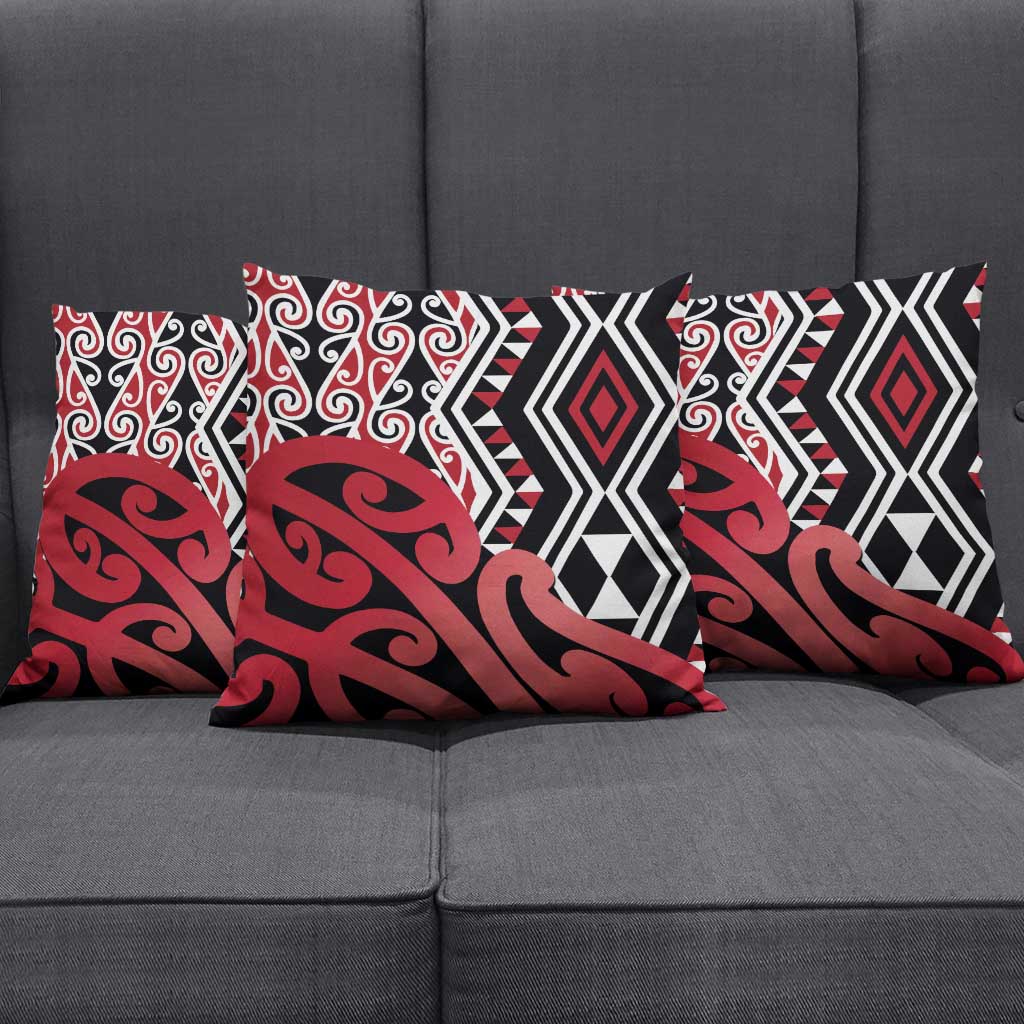 New Zealand Pillow Cover Aotearoa Kowhaiwhai Mix Taniko Art - Red - Polynesian Pride