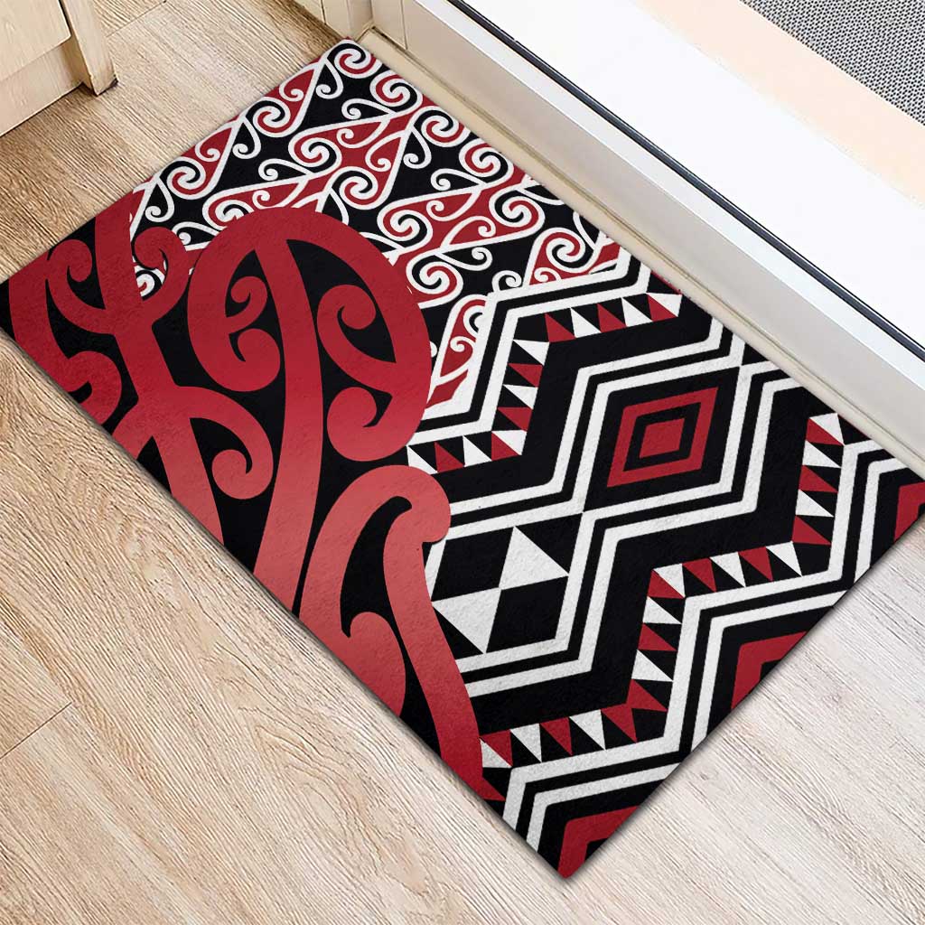 New Zealand Rubber Doormat Aotearoa Kowhaiwhai Mix Taniko Art - Red