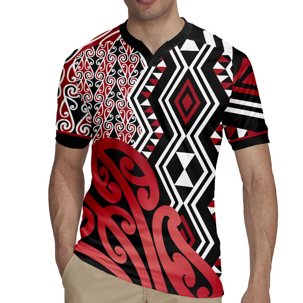 New Zealand Rugby Jersey Aotearoa Kowhaiwhai Mix Taniko Art - Red