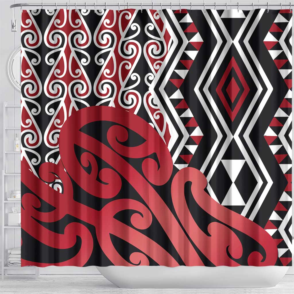 New Zealand Shower Curtain Aotearoa Kowhaiwhai Mix Taniko Art - Red