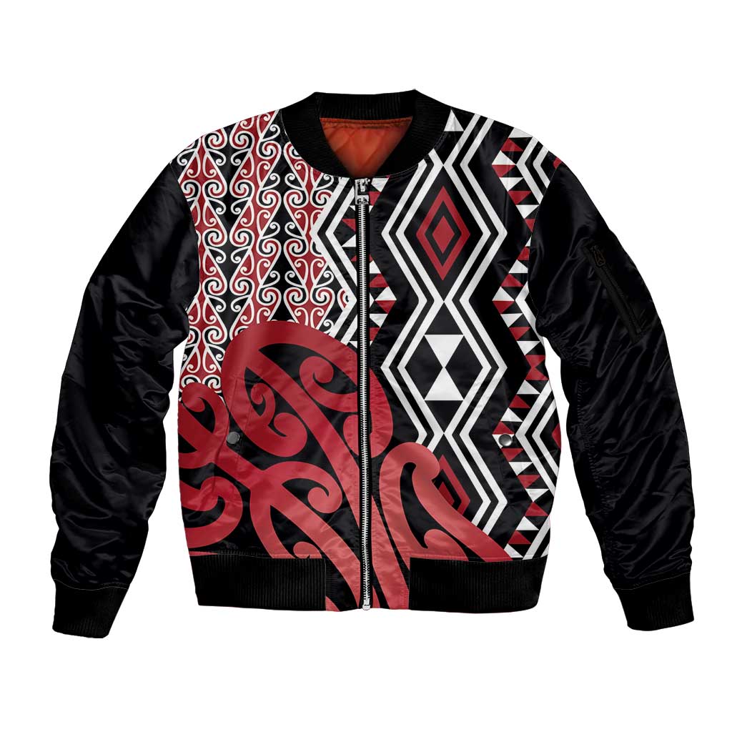 New Zealand Sleeve Zip Bomber Jacket Aotearoa Kowhaiwhai Mix Taniko Art - Red