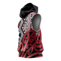New Zealand Sleeveless Hoodie Aotearoa Kowhaiwhai Mix Taniko Art - Red LT14 - Polynesian Pride