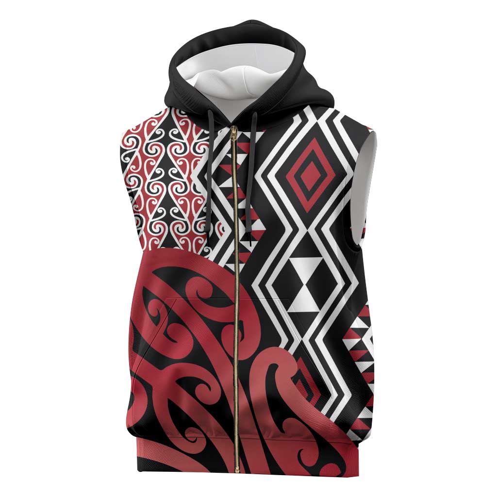 New Zealand Sleeveless Zip Hoodie Aotearoa Kowhaiwhai Mix Taniko Art - Red - Polynesian Pride