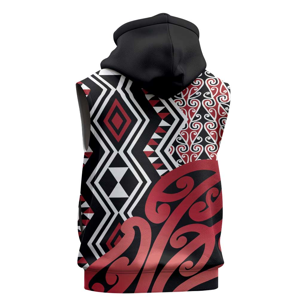 New Zealand Sleeveless Zip Hoodie Aotearoa Kowhaiwhai Mix Taniko Art - Red - Polynesian Pride