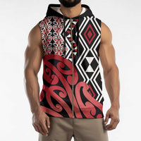 New Zealand Sleeveless Zip Hoodie Aotearoa Kowhaiwhai Mix Taniko Art - Red - Polynesian Pride