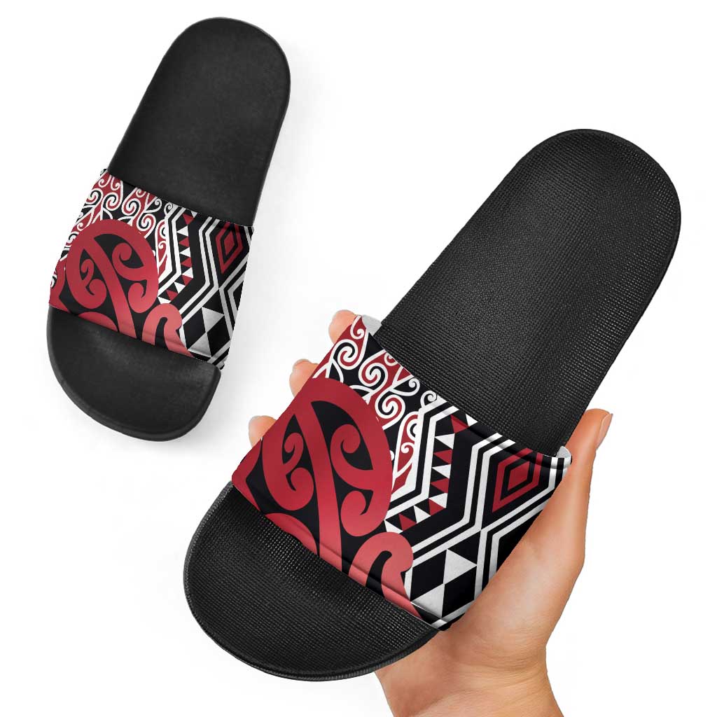 New Zealand Slide Sandals Aotearoa Kowhaiwhai Mix Taniko Art - Red - Polynesian Pride