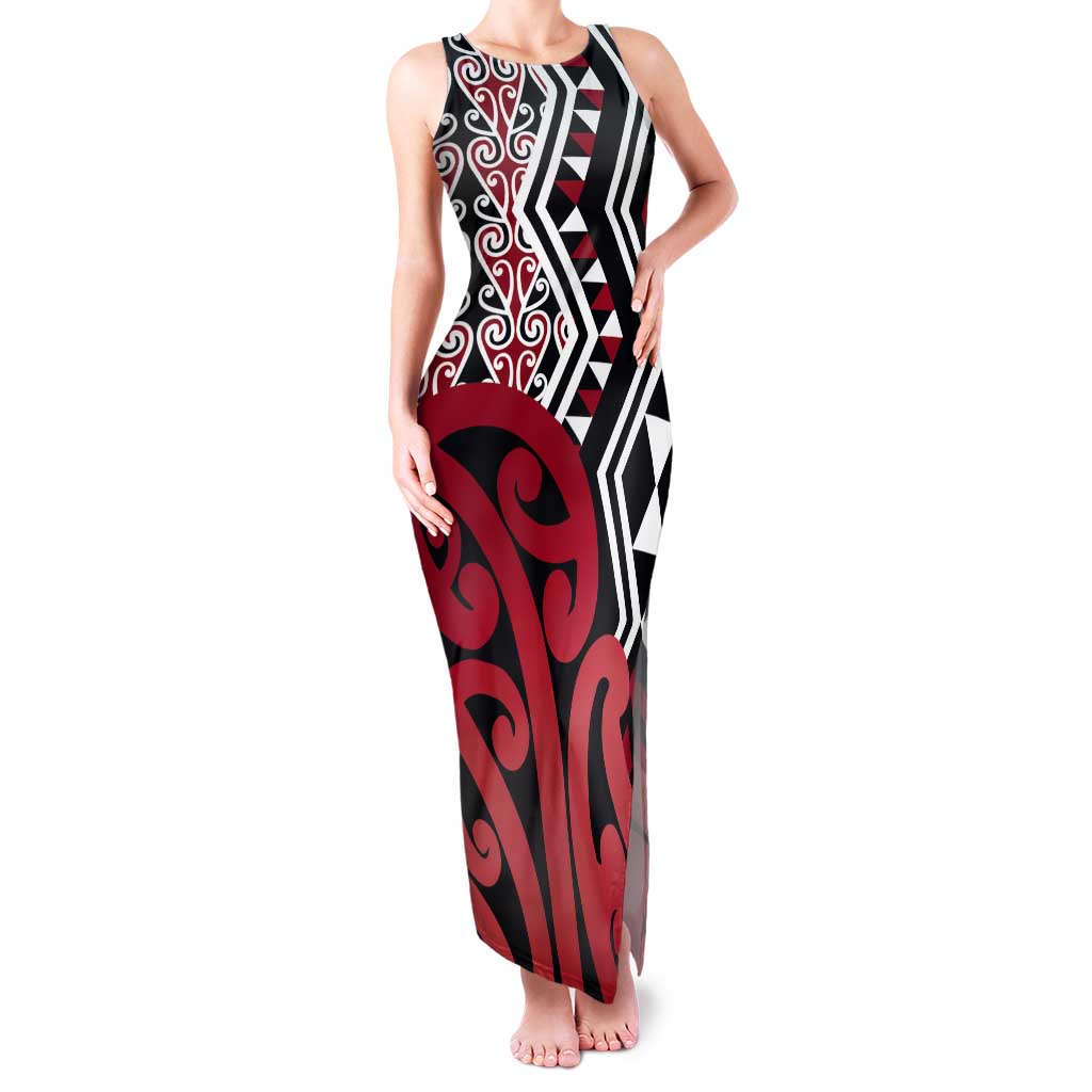 New Zealand Tank Maxi Dress Aotearoa Kowhaiwhai Mix Taniko Art - Red