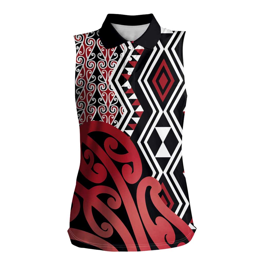 New Zealand Women Sleeveless Polo Shirt Aotearoa Kowhaiwhai Mix Taniko Art - Red LT14 Female Red - Polynesian Pride