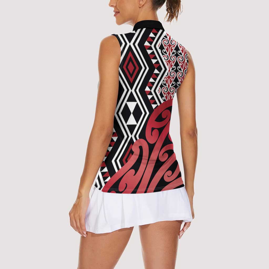 New Zealand Women Sleeveless Polo Shirt Aotearoa Kowhaiwhai Mix Taniko Art - Red LT14 - Polynesian Pride