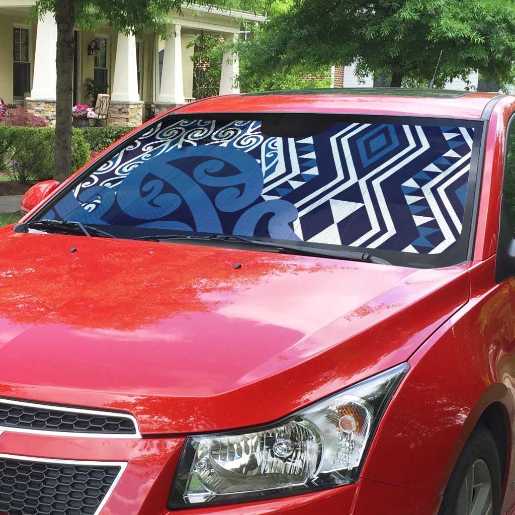New Zealand Auto Sun Shade Aotearoa Kowhaiwhai Mix Taniko Art - Blue - Polynesian Pride