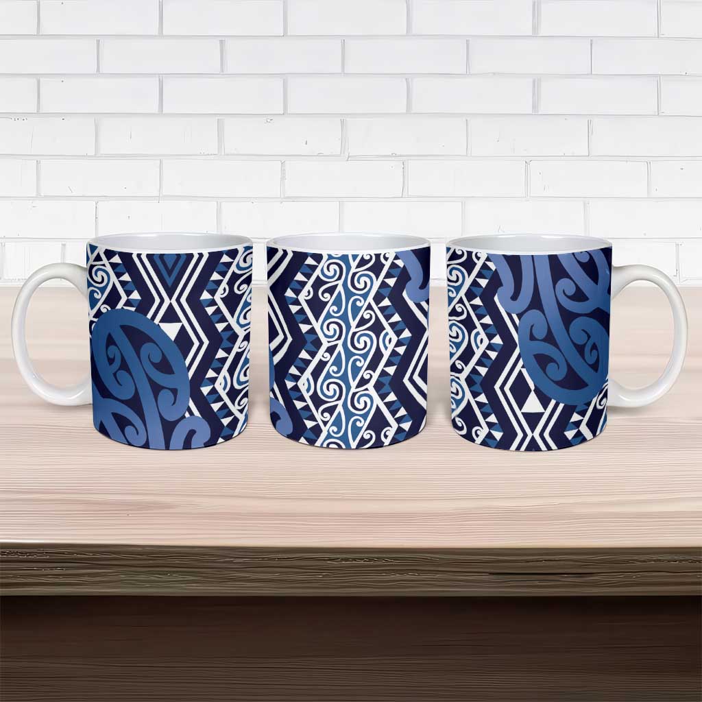 New Zealand Ceramic Mug Aotearoa Kowhaiwhai Mix Taniko Art - Blue - Polynesian Pride