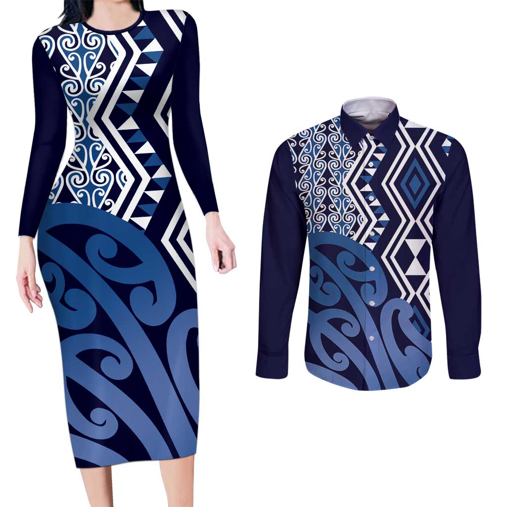 New Zealand Couples Matching Long Sleeve Bodycon Dress and Long Sleeve Button Shirt Aotearoa Kowhaiwhai Mix Taniko Art - Blue