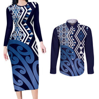 New Zealand Couples Matching Long Sleeve Bodycon Dress and Long Sleeve Button Shirt Aotearoa Kowhaiwhai Mix Taniko Art - Blue