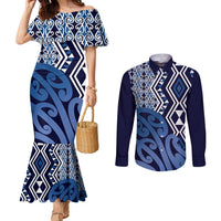 New Zealand Couples Matching Mermaid Dress and Long Sleeve Button Shirt Aotearoa Kowhaiwhai Mix Taniko Art - Blue