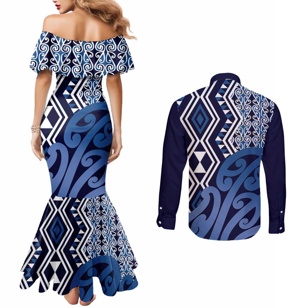 New Zealand Couples Matching Mermaid Dress and Long Sleeve Button Shirt Aotearoa Kowhaiwhai Mix Taniko Art - Blue