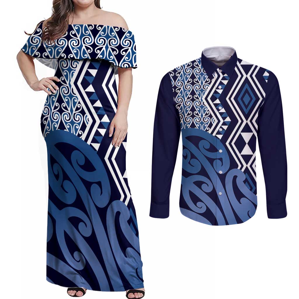 New Zealand Couples Matching Off Shoulder Maxi Dress and Long Sleeve Button Shirt Aotearoa Kowhaiwhai Mix Taniko Art - Blue
