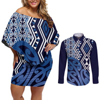 New Zealand Couples Matching Off Shoulder Short Dress and Long Sleeve Button Shirt Aotearoa Kowhaiwhai Mix Taniko Art - Blue