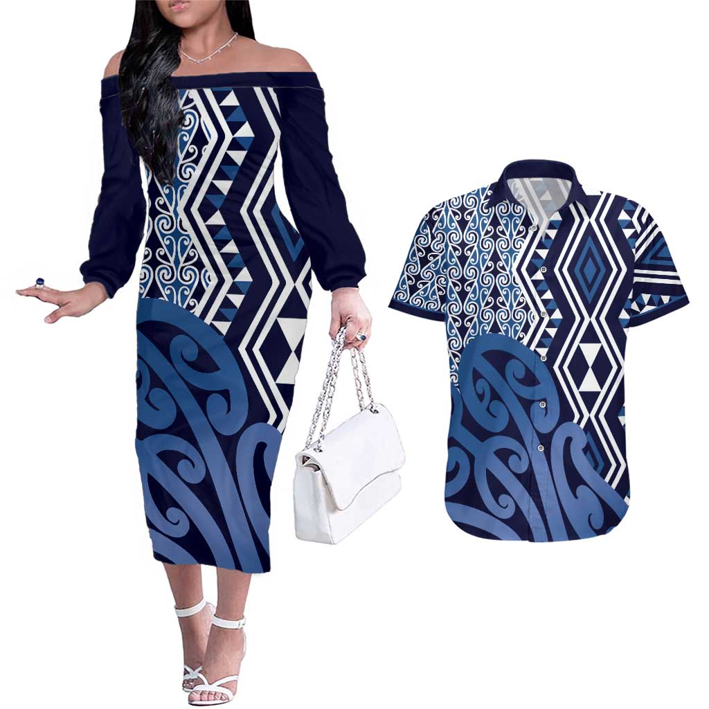 New Zealand Couples Matching Off The Shoulder Long Sleeve Dress and Hawaiian Shirt Aotearoa Kowhaiwhai Mix Taniko Art - Blue